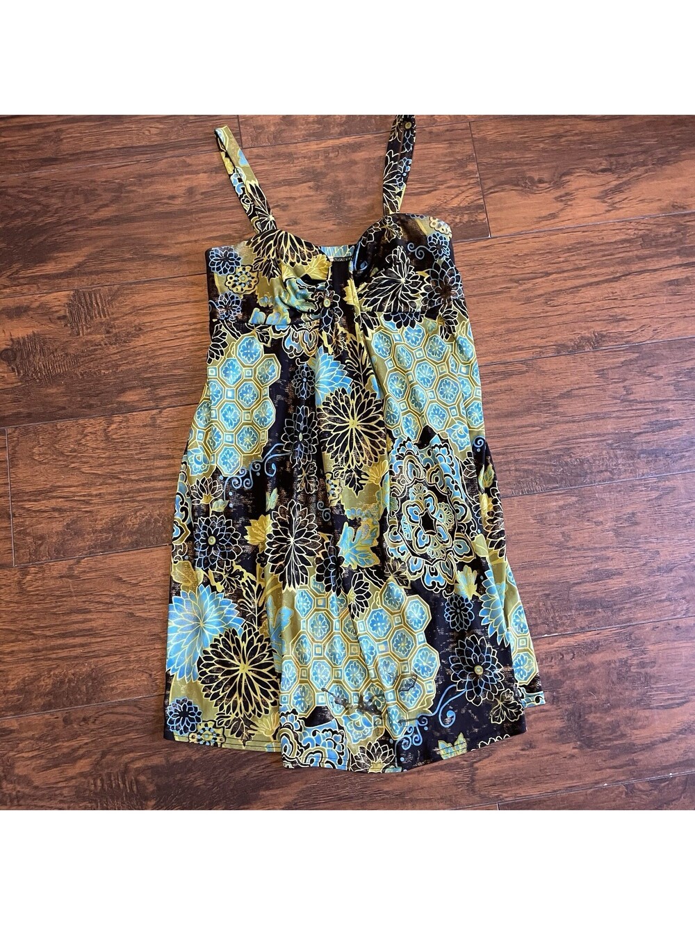 DressBarn Petites Women's Dress Size 10 Aqua Green Gold Black Cascade Floral